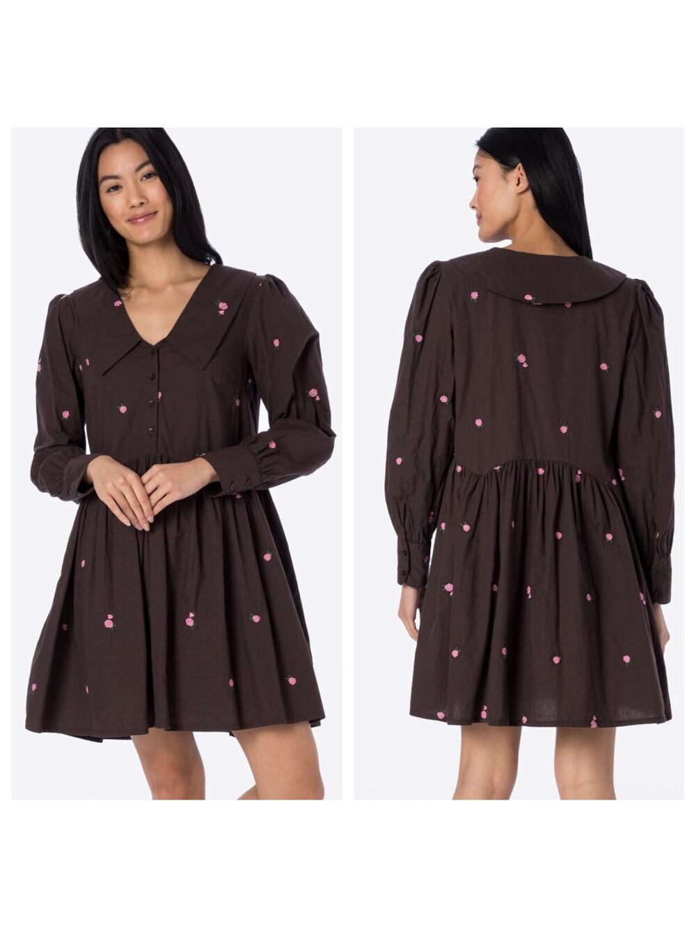 ICHI Mini Dress Brown Cotton Pink Rose Embroidered Button Long Sleeve